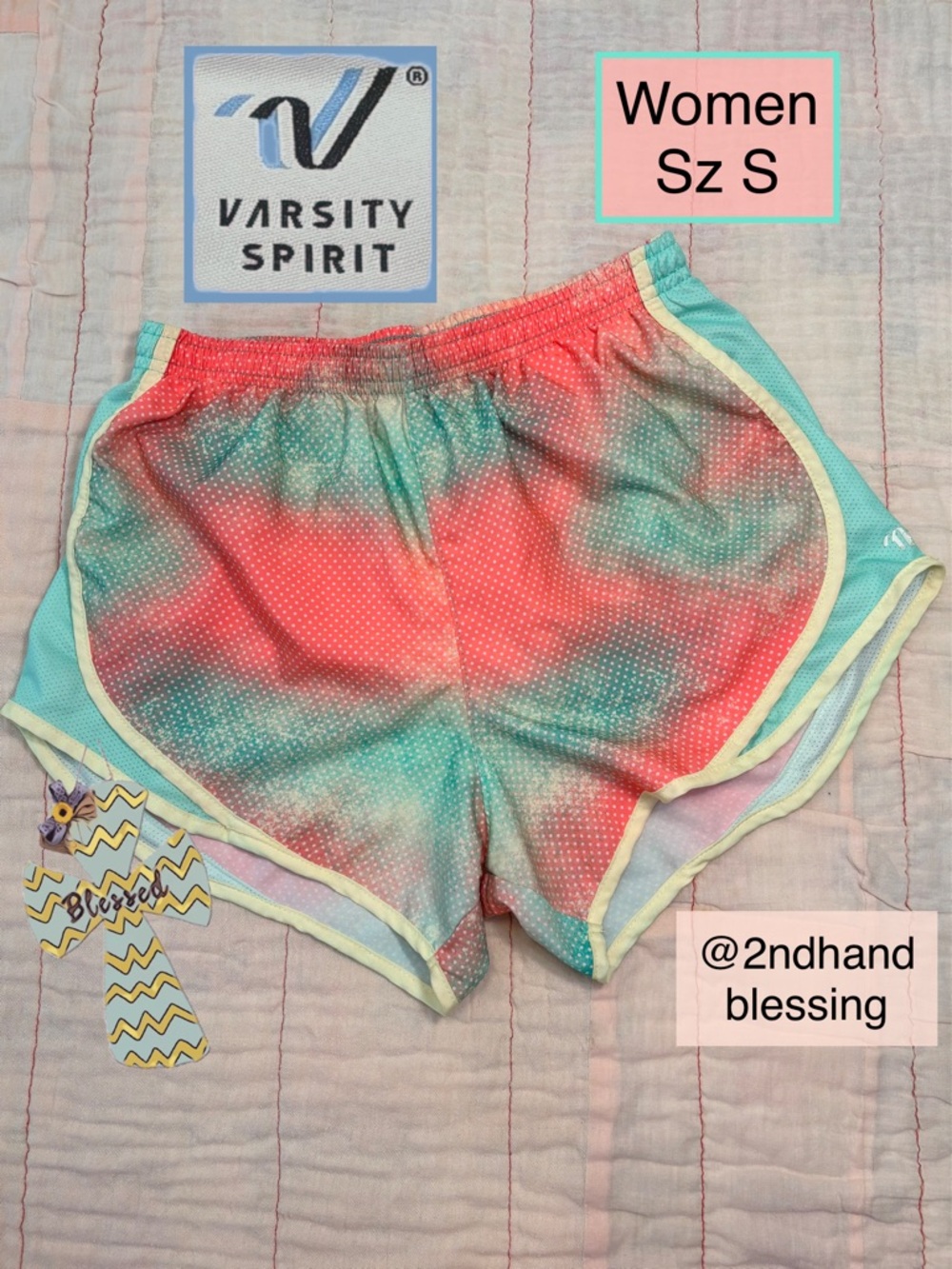 Varsity Spirit Cheer Shorts, Tie Dye Coral Teal, Yellow Trim, Women Small